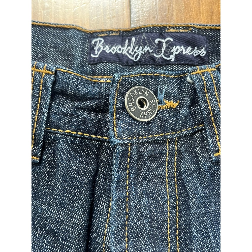Brooklyn Xpress Mens Dark Wash Embroidered Straight Leg Denim Jeans W34 L34 - Picture 3 of 8